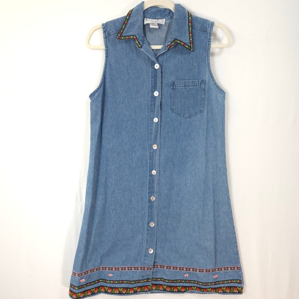Vtg Denim Shirt Dress Sleeveless Embroidered Floral Trim Button Front 10